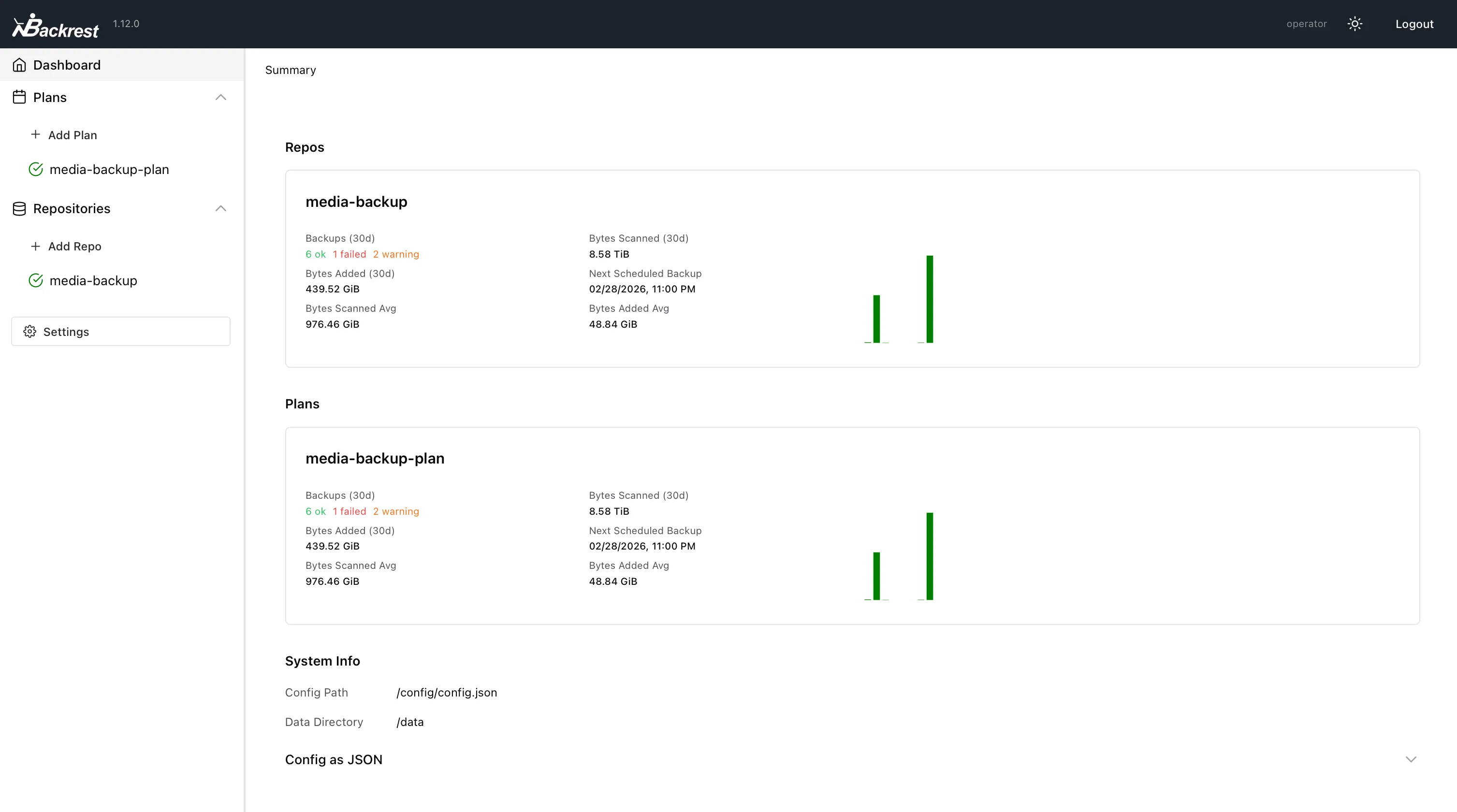 The Backrest dashboard summary showing backup stats for a media-backup repository and plan