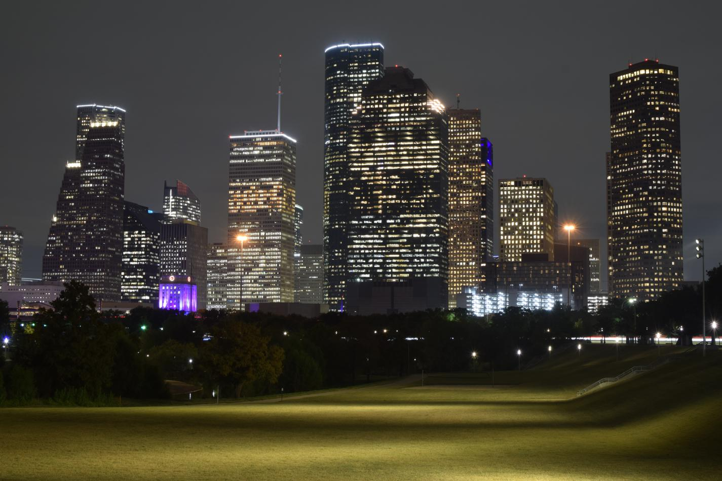 The Houston skyline at night.