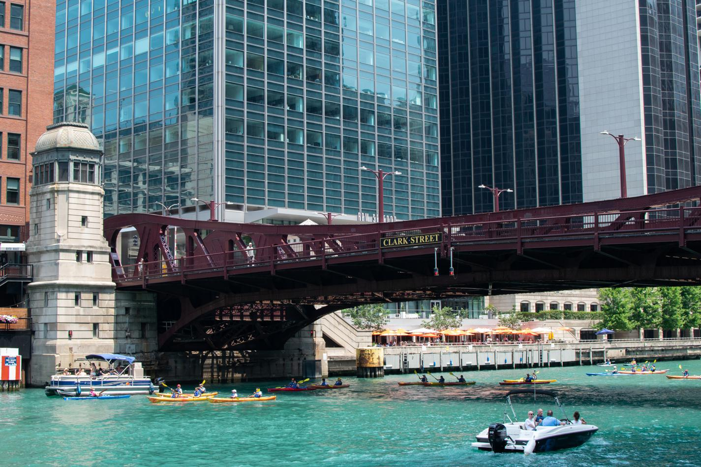 A view of boats in the Chicago riverwalk.