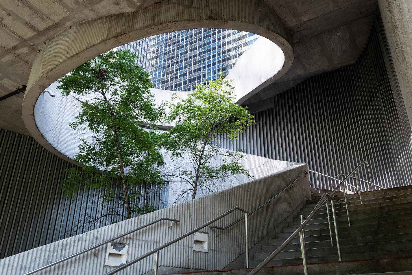 The spiral staircase at the bottom of the Aqua Tower.