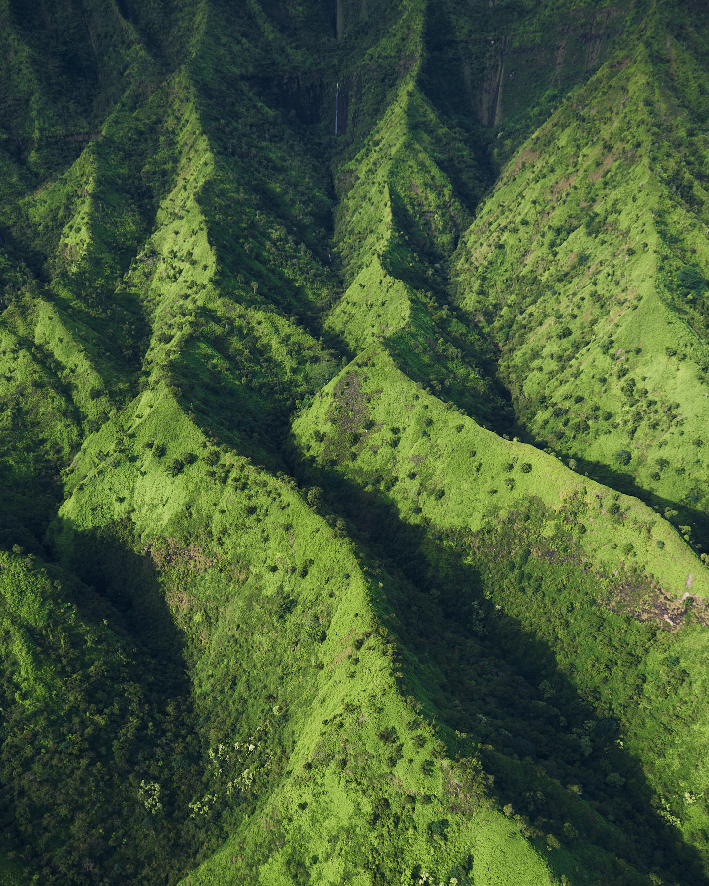 Aerial view of Kauai's lush, emerald-green mountain ridges with dramatic folded valleys and a distant waterfall visible in the background.