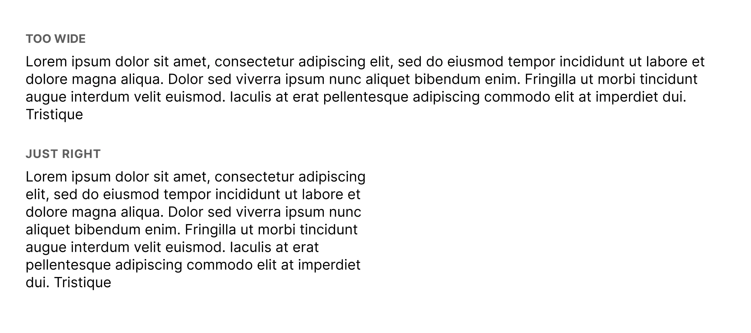 Two example paragraphs showing the difference between a reasonable and a very long line length.