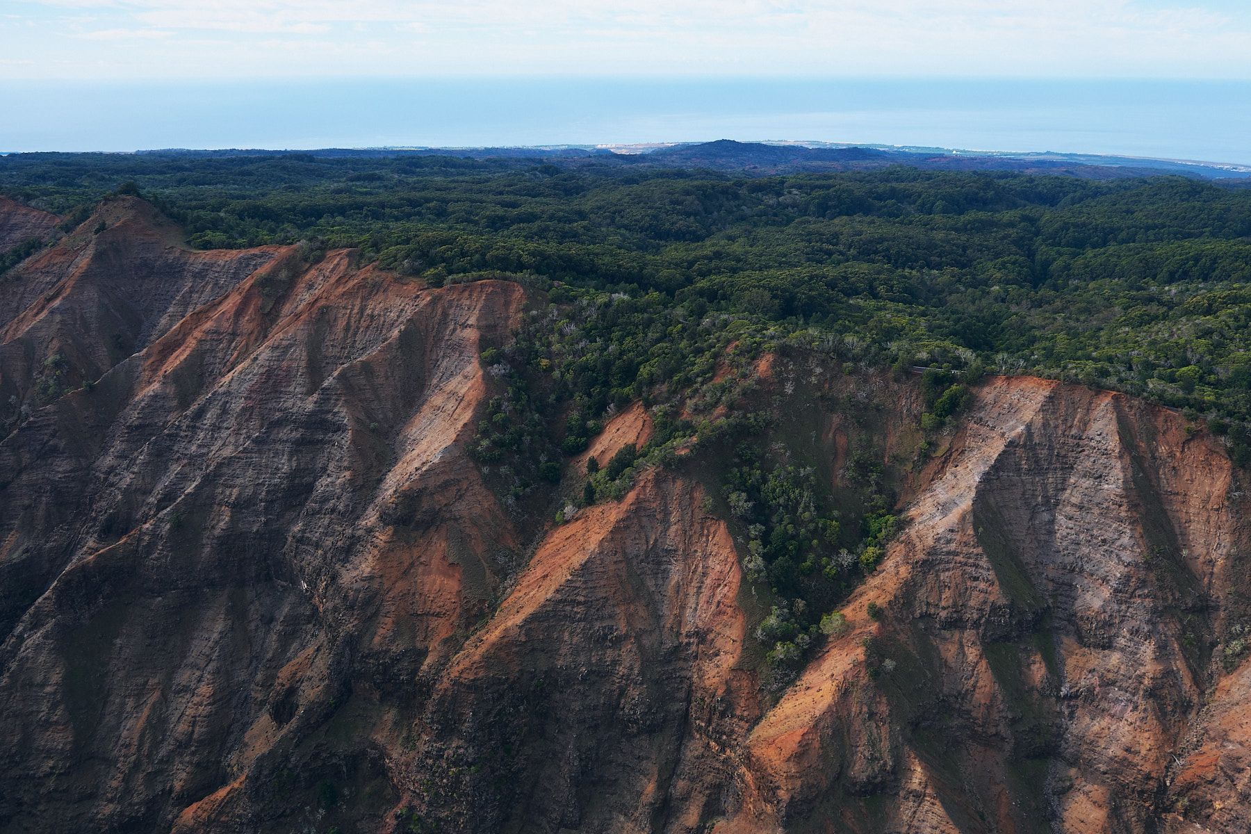 Dramatic aerial view of steep, striated cliffs at Waimea Canyon, showing reddish-brown rock faces contrasting with dense green forest along the ridgetops.