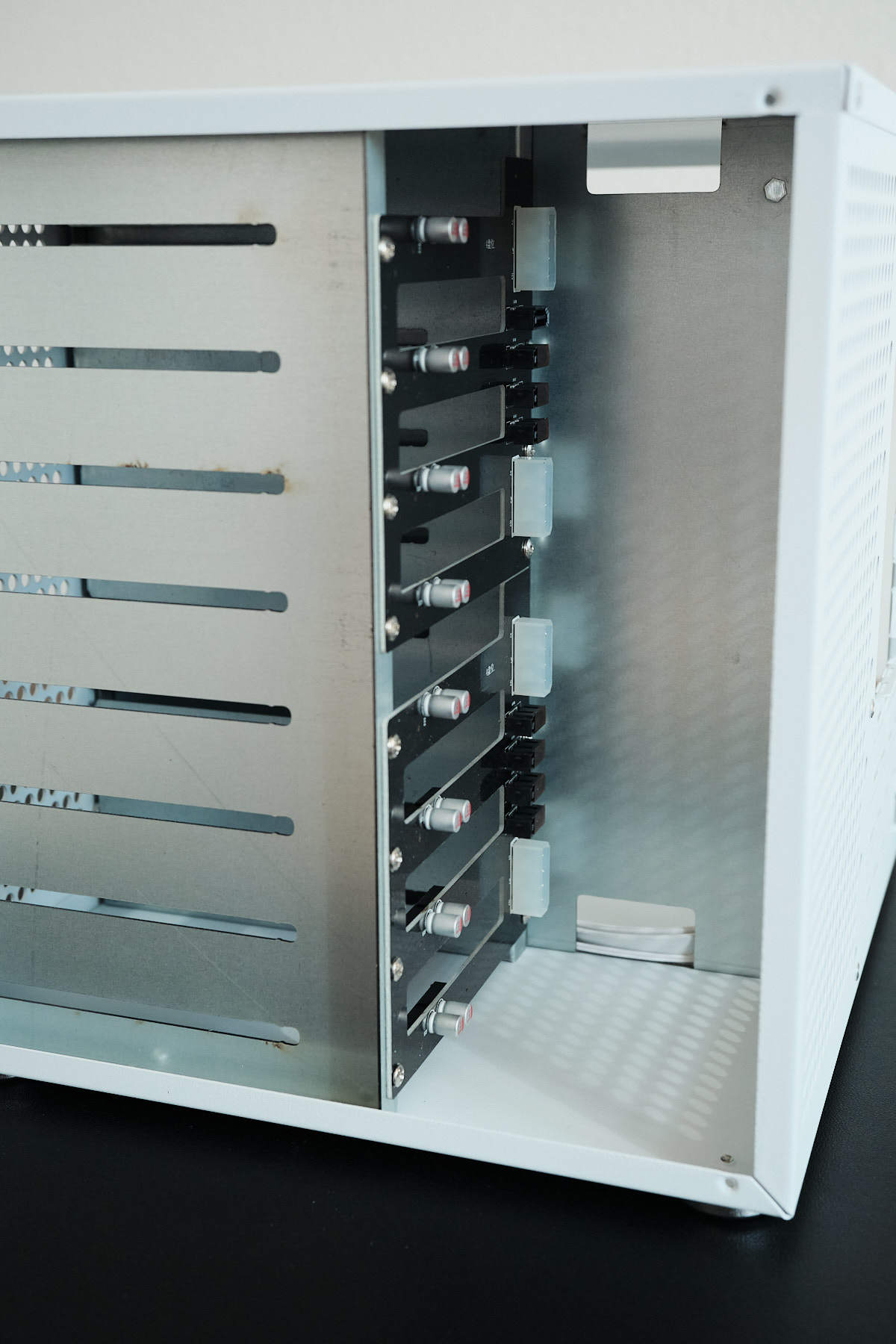 Side view of the SATA/SAS backplane inside the Sagittarius NAS case, showing eight drive connectors and MOLEX power connectors