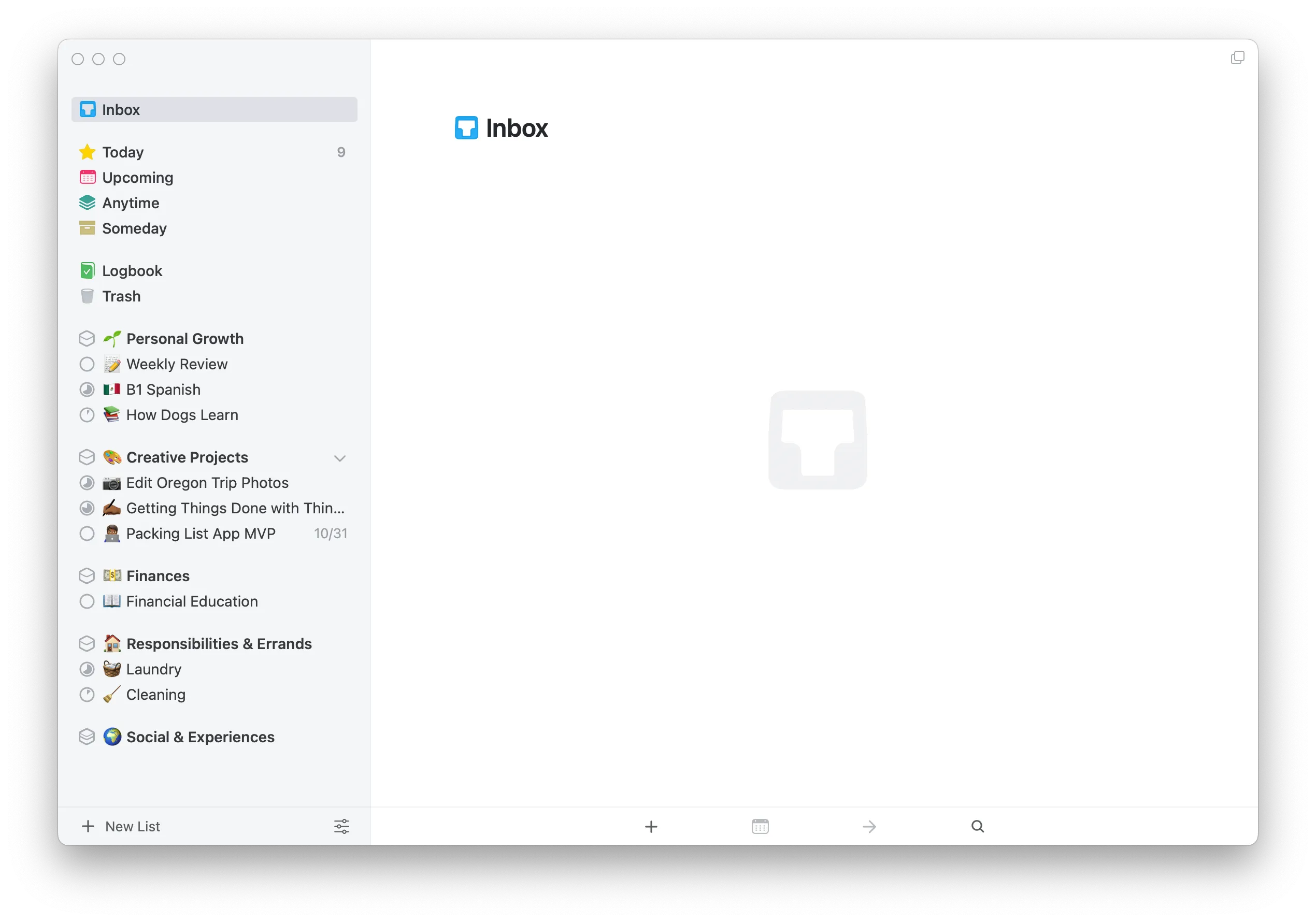 A screenshot of my Things 3 setup.