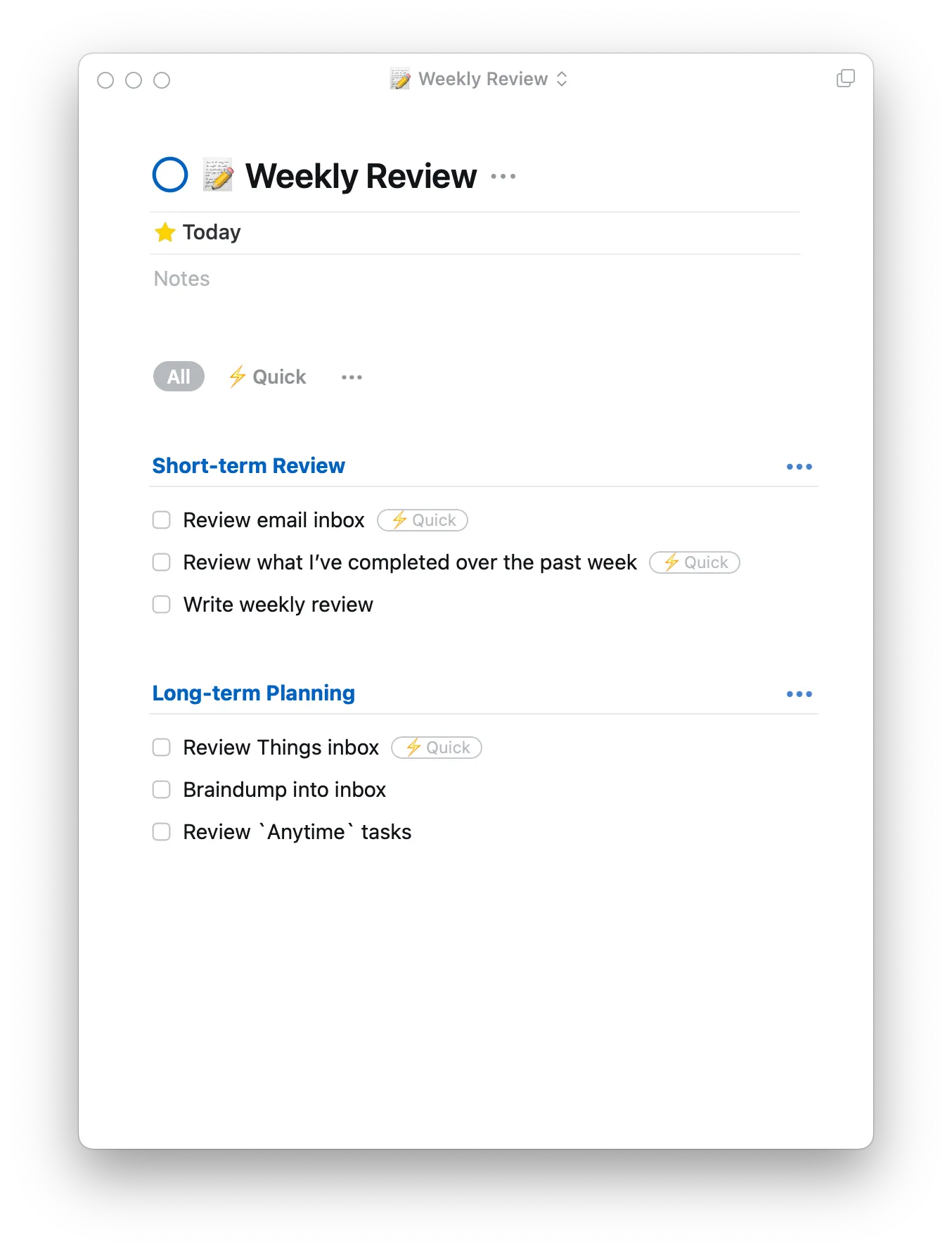 My weekly review project template.